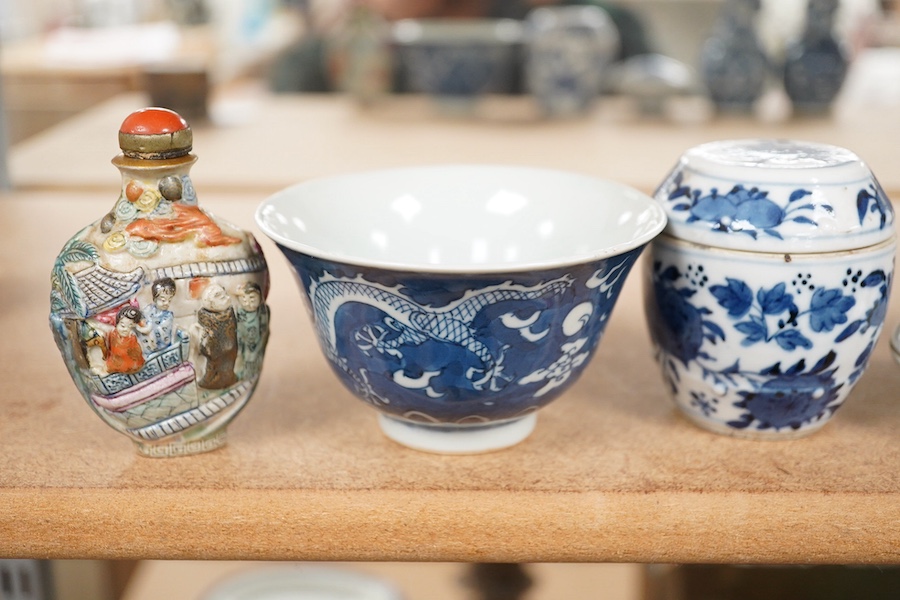 19th/20th century Chinese ceramics to include a pair of blue and white Chinese vases, circular seal box and cover and a snuff bottle with stopper, largest 9.5cm in diameter (6) Condition - mostly good